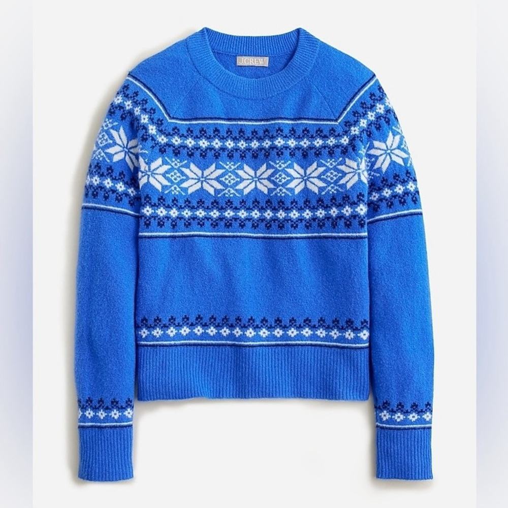 J. Crew Sweater Women’s Medium Blue Fair Isle Crewneck Snowflake Supersoft Yarn